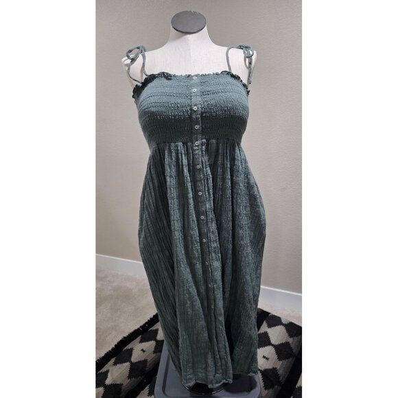 Aerie Green Smocked Midi Dress With Tie Straps & Button Front - Picture 1 of 8